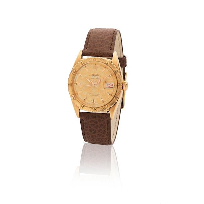 Rolex. A very fine 18K gold automatic calendar wristwatch Rolex. Très belle montre bracelet en or jaune 18K (750) avec date mouvement automatique Datejust 'Thunderbird', Second series, Ref: 6309 (First Generation 1953-1959), Cira 1955