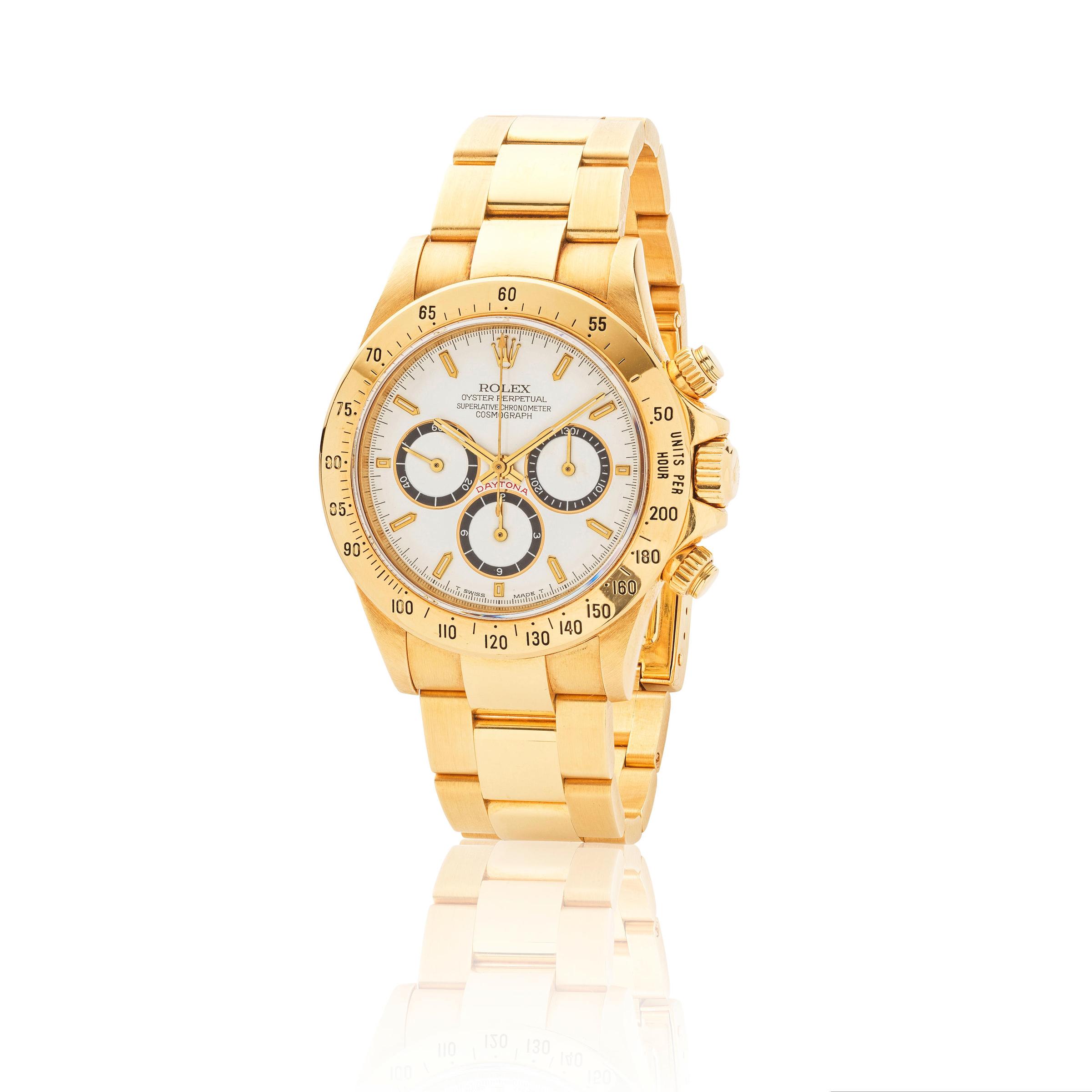 Rolex. An extremely rare and fine unpolished 18K gold automatic chronograph bracelet watch offered by the original owner Rolex. Beau chronographe bracelet en or jaune 18K (750) jamais repoli et proposé à la vente par le propriétaire d'origine mouvement automatique  Cosmograph Daytona 'Zenith Inverted 6', 4 lines, Ref 16528, Circa 1988, purchased 12th June 1989 image 1