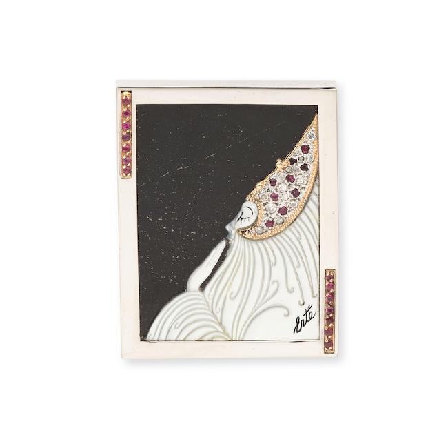 ERTE: BROCHE NACRE, JADE NOIR, RUBIS ET DIAMANTS