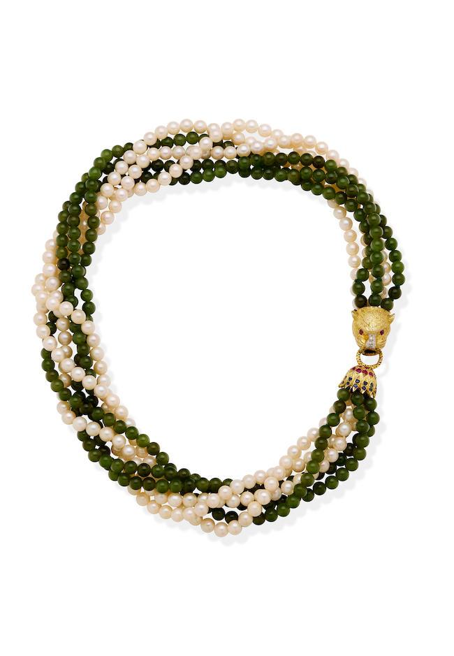 GEM-SET, CULTURED PEARL AND JADEITE MULTI STRAND NECKLACE