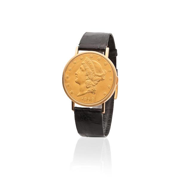Vacheron Constantin. A very fine and rare 18K gold manual wind concealed 20 dollars coin wristwatch with skeleton dial Vacheron Constantin. Très belle et rare montre bracelet en or jaune 18K (750) dissimulée dans une pièce de 20 dollars avec cadran squelette mouvement mécanique Circa 1982