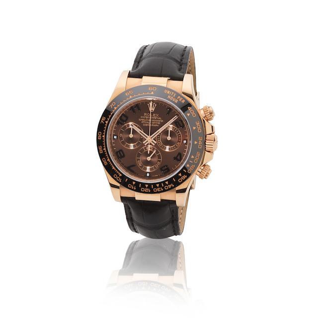 Rolex. A fine 18K 'Everose' gold automatic chronograph wristwatch Rolex. Beau chronographe bracelet en or rose 'Everose' 18K (750) mouvement automatique Cosmograph Daytona, Ref: 116515LN , Purchased 13th December 2016