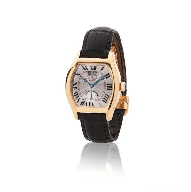 Cartier. A fine and rare 18K gold manual wind calendar wristwatch with power reserve indication Cartier. Belle et rare montre bracelet en or jaune 18K (750) avec date et indication de réserve de marche mouvement mécanique Collection Privée, Tortue Réserve de Marche, Limited Edition No.044/150, Ref: 2689G, Purchased 10th December 2004