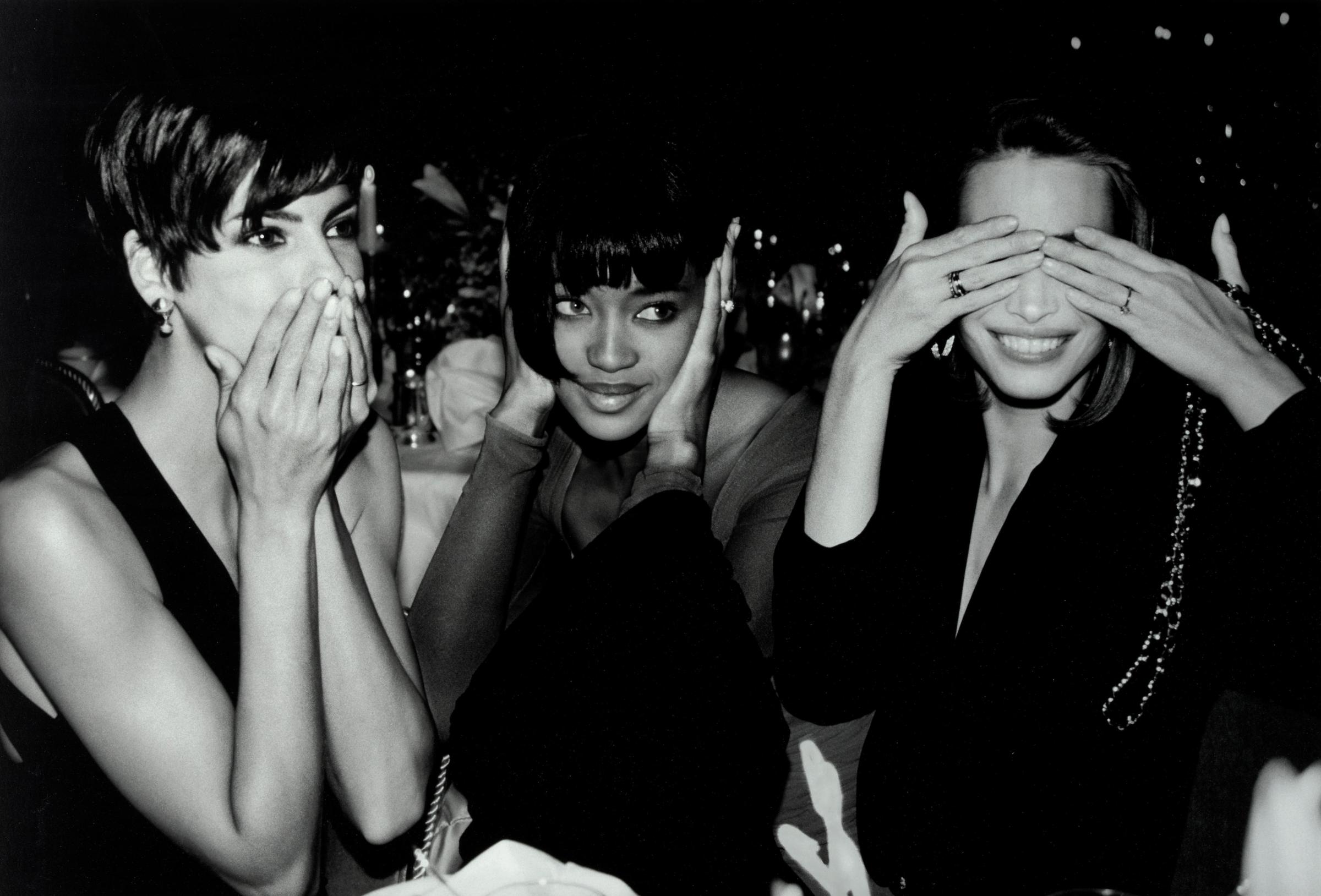 Roxanne Lowit (1942-2022); Linda Evangelista, Naomi Campbell, Christy Turlington Speaking, Hearing, and Seeing No Evil, Fashion Group Party, Plaza Hotel, NYC; image 1