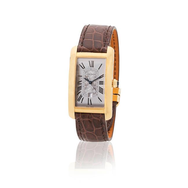 Cartier. A fine 18K gold limited edition automatic calendar wristwatch Cartier. Belle montre en or jaune 18K (750) avec date en édition limitée mouvement automatique Tank Américaine, Limited Edition No.16/50 for the 150th anniversary of Swiss Confederation, Ref: 1740, Circa 1998