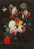 Thumbnail of Follower of Daniel Seghers (Antwerp 1590-1661) A still life of tulips, roses, poppies and other flowers in a glass vase, on a stone ledge framed 64.3 x 51.2cm image 1