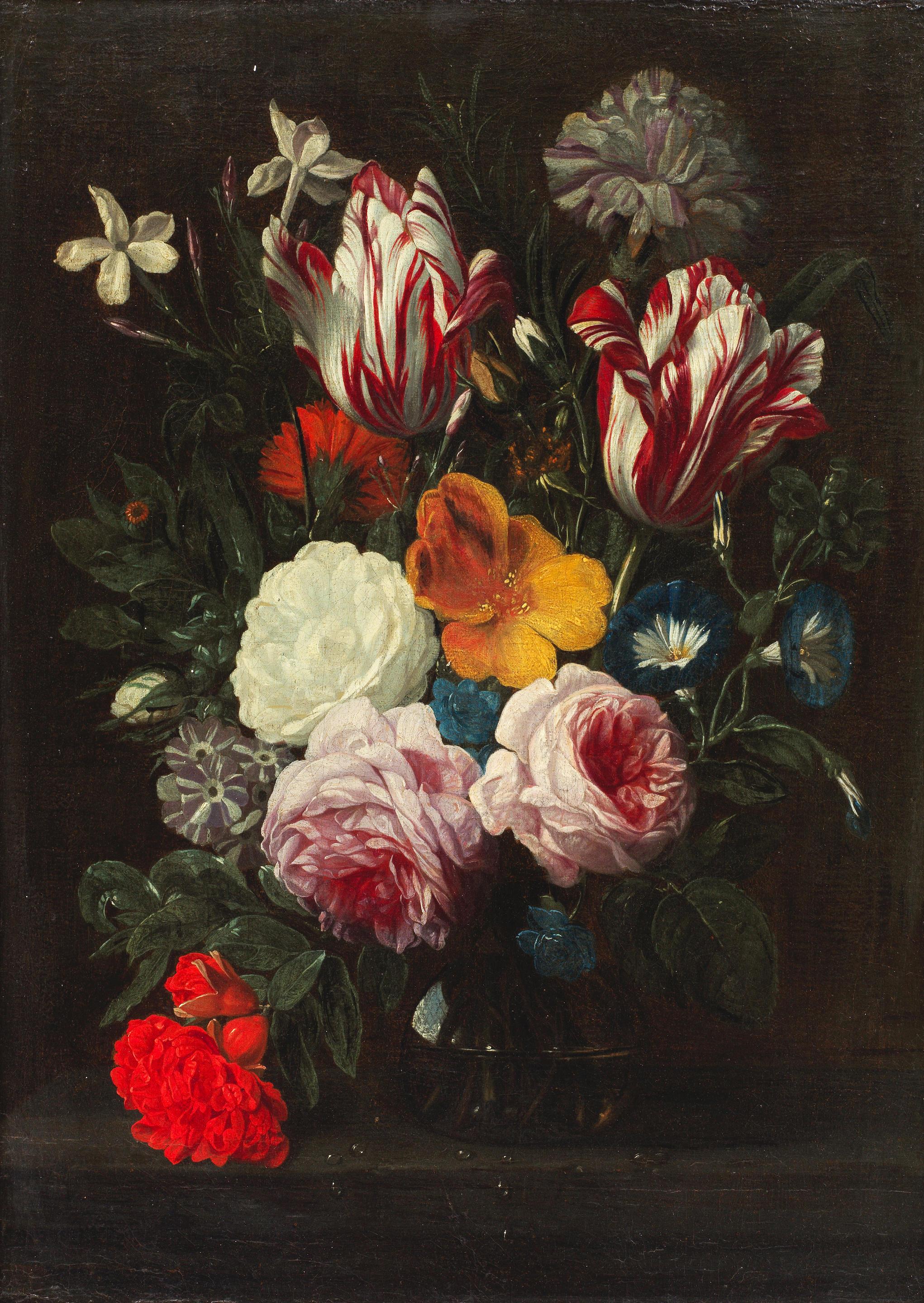Follower of Daniel Seghers (Antwerp 1590-1661) A still life of tulips, roses, poppies and other flowers in a glass vase, on a stone ledge framed 64.3 x 51.2cm image 1